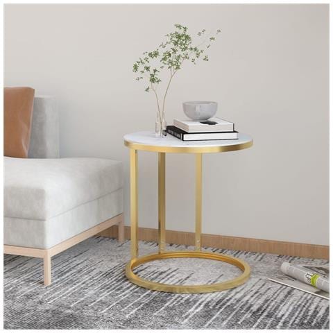 Tavolino Oro E Marmo Bianco 45 Cm In Vetro Temperato - Foto 7