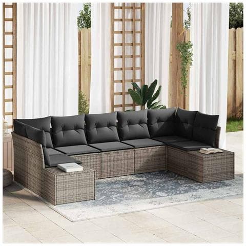 Set da giardino a 7 pezzi con cuscini grigio polyrattan - Foto 2