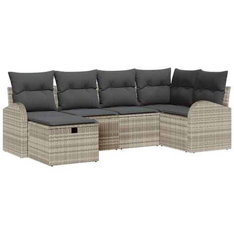 Set di divani da giardino  6 pezzi con cuscini Grigio chiaro Polyrattan, Divano da giardino  2 posti con deposito e cuscini Grigio chiaro Polyrattan - Foto 1