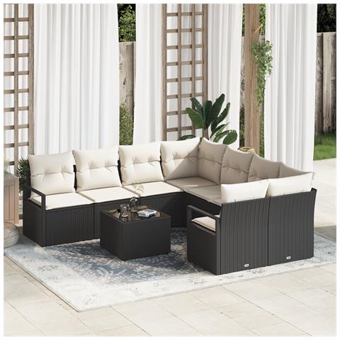 Set di divani da giardino  9 pezzi con cuscini Nero Polirattan, Divano da giardino  per 2 persone con cuscini Nero Polirattan - Foto 2