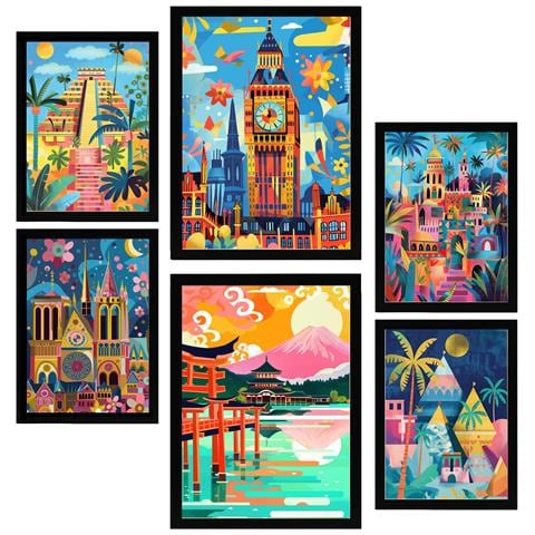 Set Di 6 Stampe Dipinti Ispirati A Mary Blair Monumenti Luxor Big Ben Egitto Chichen Itza Notre Dame Itsukushim A3 & A4 Cornice Nera - Foto 1