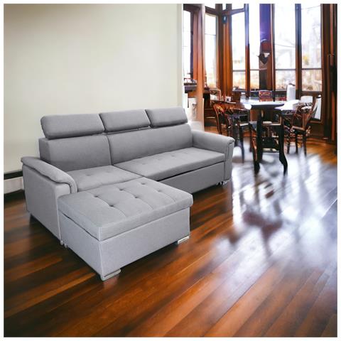 Divano Letto Con Penisola A Contenitore E Poggiatesta Regolabili Tessuto Grigio Boston - Foto 2