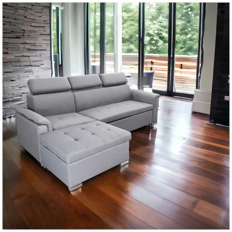 Divano Letto Con Penisola A Contenitore E Poggiatesta Regolabili Tessuto Grigio Boston - Foto 1