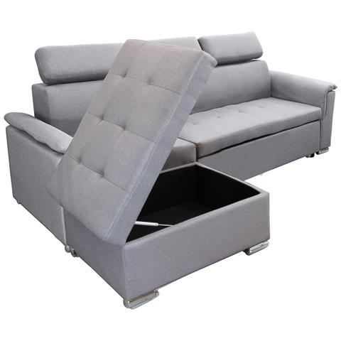 Divano Letto Con Penisola A Contenitore E Poggiatesta Regolabili Tessuto Grigio Boston - Foto 8