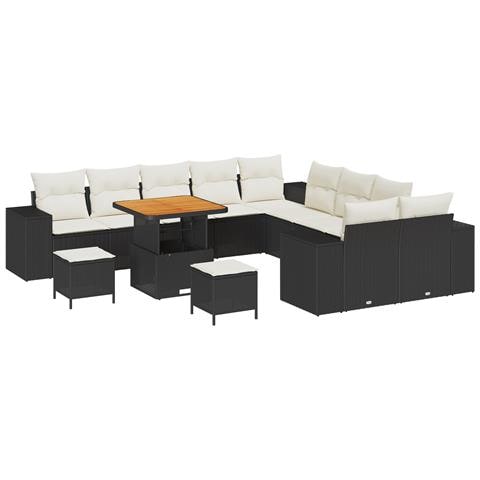 Set Divano da Giardino 13 Pezzi con Cuscini Nero Rattan Polietilene Acacia, Set da Pranzo da Giardino 3 Pezzi con Cuscini Nero Rattan Polietilene Acacia - Foto 1
