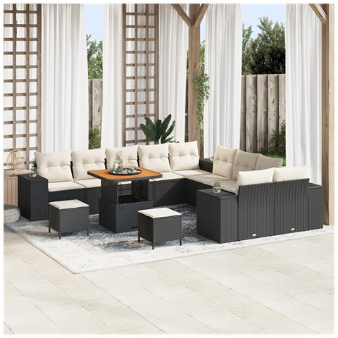 Set Divano da Giardino 13 Pezzi con Cuscini Nero Rattan Polietilene Acacia, Set da Pranzo da Giardino 3 Pezzi con Cuscini Nero Rattan Polietilene Acacia - Foto 2