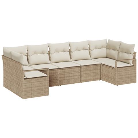 Set di divani da giardino 7 pezzi con cuscini beige polyrattan, Divano da giardino 2 posti con cuscini beige polyrattan - Foto 1