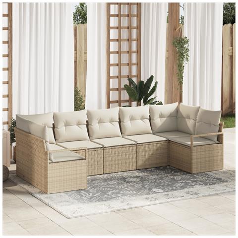 Set di divani da giardino 7 pezzi con cuscini beige polyrattan, Divano da giardino 2 posti con cuscini beige polyrattan - Foto 2