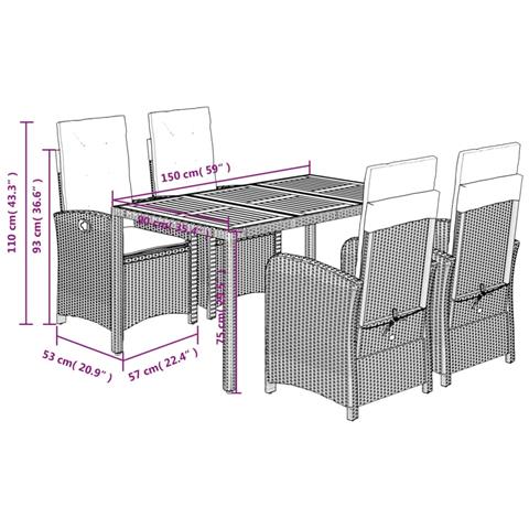 Set da Pranzo da Giardino 5 pz con Cuscini in Polyrattan Grigio - Foto 9
