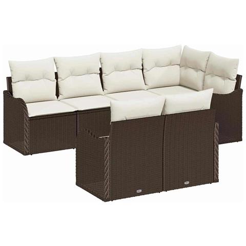 Set di divani da giardino 7 pezzi con cuscini Marrone Poly Rattan, Divano da giardino 2 posti con ripostiglio e cuscini Marrone Poly Rattan - Foto 1