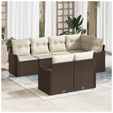 Set di divani da giardino 7 pezzi con cuscini Marrone Poly Rattan, Divano da giardino 2 posti con ripostiglio e cuscini Marrone Poly Rattan - Foto 2
