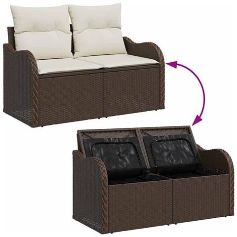 Set di divani da giardino 7 pezzi con cuscini Marrone Poly Rattan, Divano da giardino 2 posti con ripostiglio e cuscini Marrone Poly Rattan - Foto 9