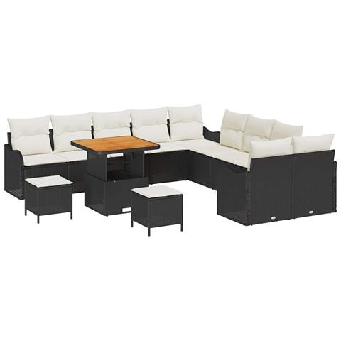 Set di Sofà da Giardino 13 Pezzi con Cuscini Nero Polyrattan Acacia, Sofa da Giardino 2 Posti con Contenitore e Cuscini Nero Polyrattan, Set di Pranzo da Giardino 3 Pezzi con Cuscini Nero Polyrattan Acacia - Foto 1