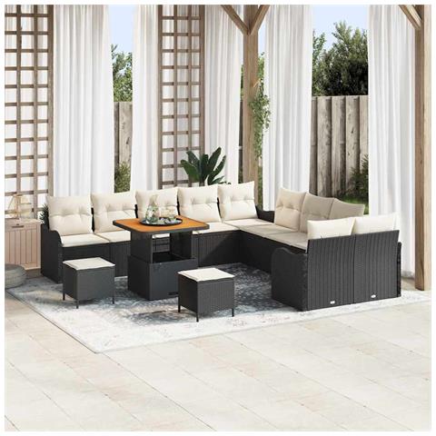 Set di Sofà da Giardino 13 Pezzi con Cuscini Nero Polyrattan Acacia, Sofa da Giardino 2 Posti con Contenitore e Cuscini Nero Polyrattan, Set di Pranzo da Giardino 3 Pezzi con Cuscini Nero Polyrattan Acacia - Foto 2