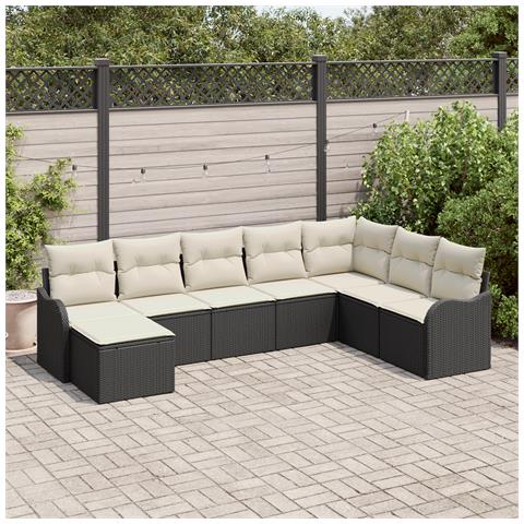 Set di divano da giardino 8 pezzi con cuscini Rattan nero, Divano da giardino 2 posti con cuscini Rattan nero - Foto 2