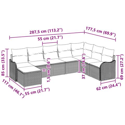 Set di divano da giardino 8 pezzi con cuscini Rattan nero, Divano da giardino 2 posti con cuscini Rattan nero - Foto 9