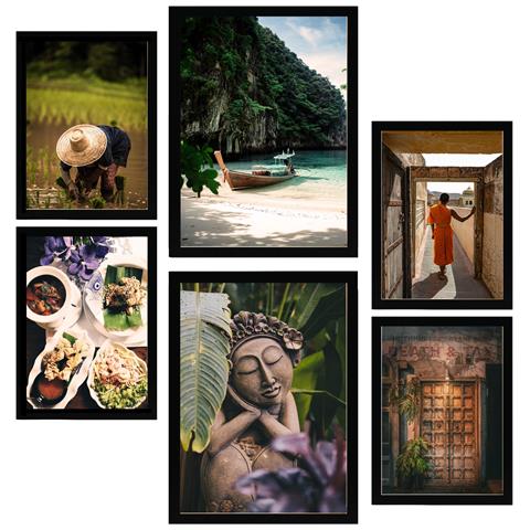 Set Di 6 Stampe Dipinto Decorativo Autunno Nelle Risaie Della Thailandia Buddismo E Cultura Incorniciato Con Illustrazioni A3 & A4 Cornice Nera - Foto 1