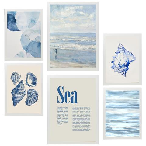 Set Di 6 Stampe Illustrazioni Decorative Di Dipinti Marini Blu E Estate Incorniciate Con Illustrazioni Di Design Per Le Pareti A3 & A4 Cornice Bianca - Foto 1