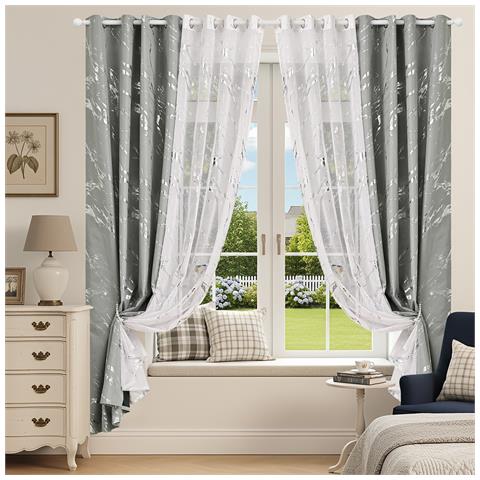Set Di Tende Oscuranti 100x130cm Con Stampa Argentata, Drappeggi In Poliestere Con Motivo Marmorizzato Silver+white - Foto 5
