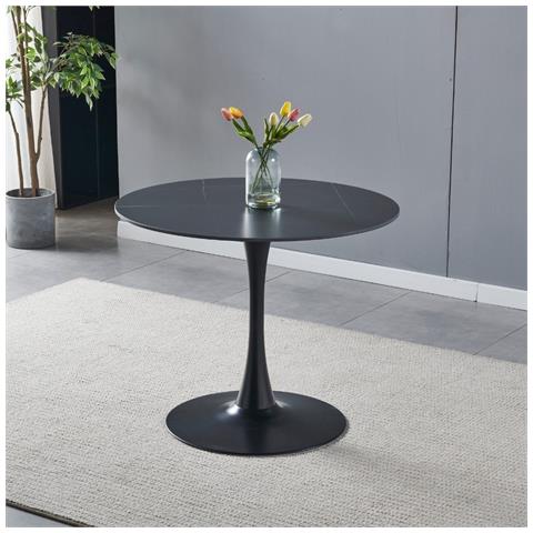 Tavolo Rotondo Dot Con Piano In Ceramica Effetto Marmo Nero Opaco Con Particolari Oro E Gamba Nera - Foto 1