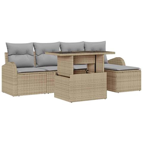 Set di Divani da Giardino da 6 Pezzi con Cuscini Beige Rattan Poliestere - Foto 1