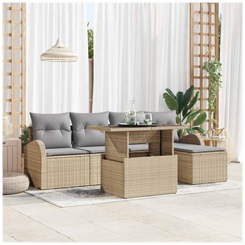 Set di Divani da Giardino da 6 Pezzi con Cuscini Beige Rattan Poliestere - Foto 2