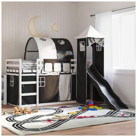 Letto a Castello con Scivolo e Tende Bianco e Nero 90x200 cm - Foto 2