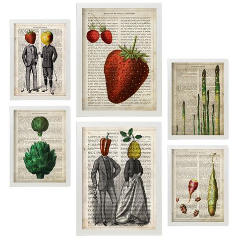 Set Di 6 Stampe Poster In Stile Cartaceo Vintage Da Cucina Con Sfondi Enciclopedici, Frutta E Verdura, Stile Di Vita Sano A3 & A4 Cornice Bianca - Foto 1