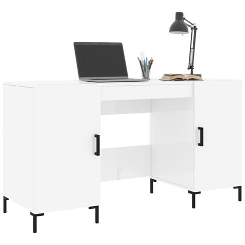 Scrivania Bianco Lucido 140x50x75 Cm In Legno Multistrato - Foto 2