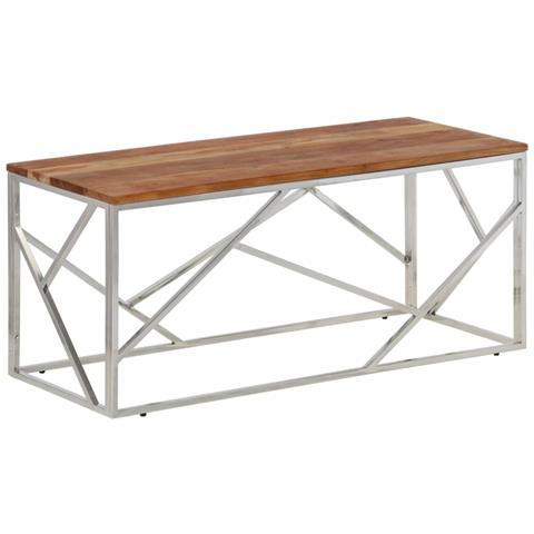Tavolino Salotto Argento Acciaio Inox E Legno Massello Acacia - Foto 2
