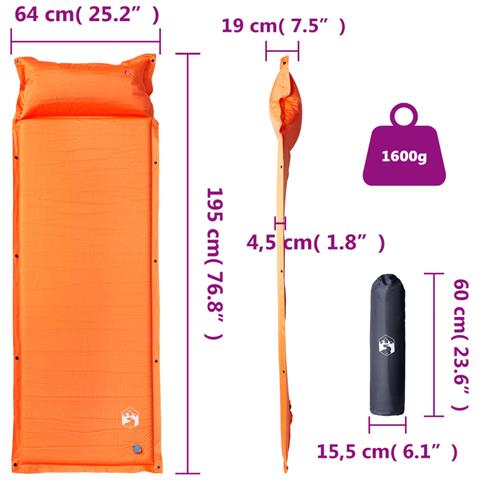Materasso Campeggio Autogonfiabile Cuscini 1 Persona Arancio - Foto 6