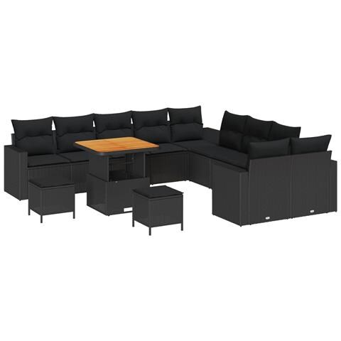 Set Divano da Giardino  13 Pezzi con Cuscini Rattan Polyrattan Nero Acacia, Set da Pranzo da Giardino  3 Pezzi con Cuscini Rattan Polyrattan Nero Acacia - Foto 1