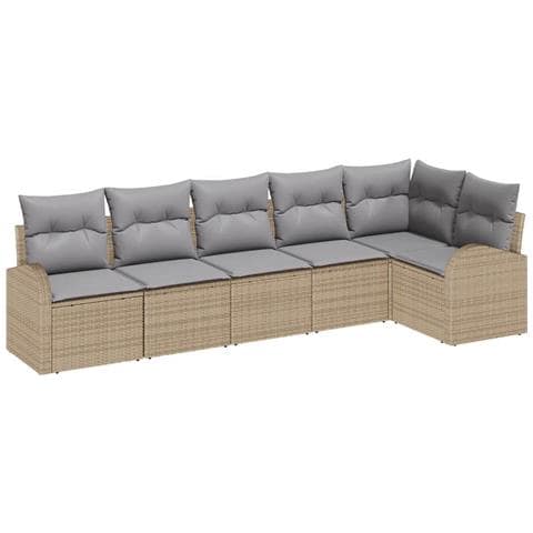 Set divano da giardino 6 pezzi con cuscini Beige Polyrattan, Divano da giardino 2 posti con storage e cuscini Beige Polyrattan - Foto 1