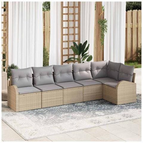 Set divano da giardino 6 pezzi con cuscini Beige Polyrattan, Divano da giardino 2 posti con storage e cuscini Beige Polyrattan - Foto 2