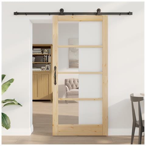 porta scorrevole  con set hardware 'ORKDAL'in legno massello e vetro, porta interna  con vetro 'ORKDAL'93x202x4 cm in legno massello di pino - Foto 2