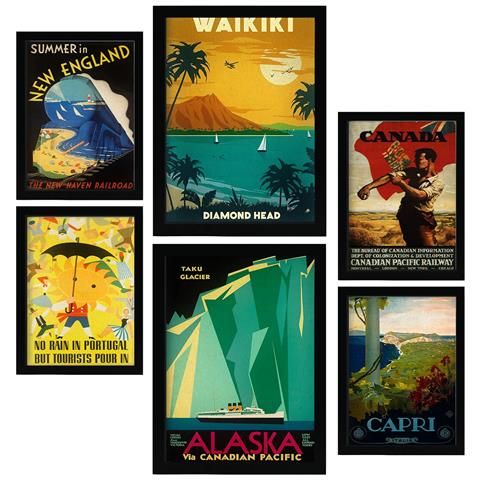 Set Di 6 Stampe Spiagge E Crociere Illustrazioni A Colori Di Cartelloni Turistici D'epoca Provenienti Da Tutto Il Mondo A3 & A4 Senza Cornice - Foto 1