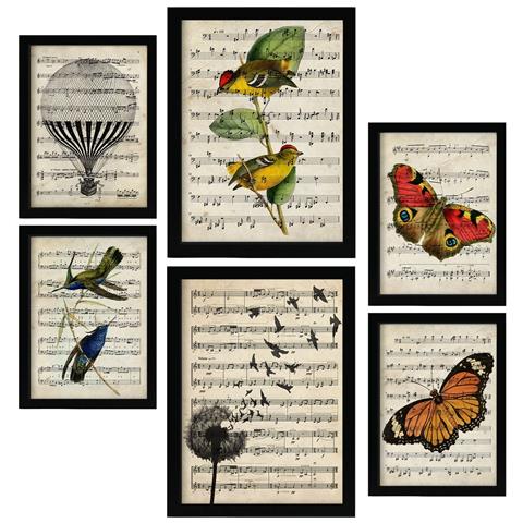 Set Di 6 Stampe Poster Musicali In Stile Cartaceo Vintage Con Sfondi Enciclopedici, Natura E Volo, Uccelli E Farfalle A3 & A4 Cornice Nera - Foto 1