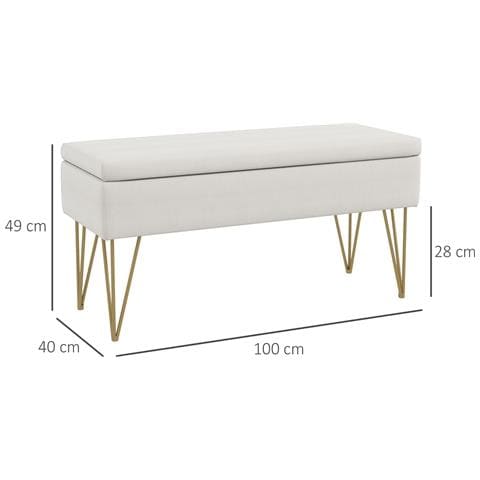 Panca Fondo Letto Con Contenitore In Tessuto E Gambe In Acciaio, 100x40x49cm, Crema - Foto 2