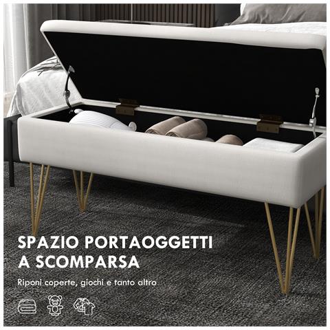 Panca Fondo Letto Con Contenitore In Tessuto E Gambe In Acciaio, 100x40x49cm, Crema - Foto 6