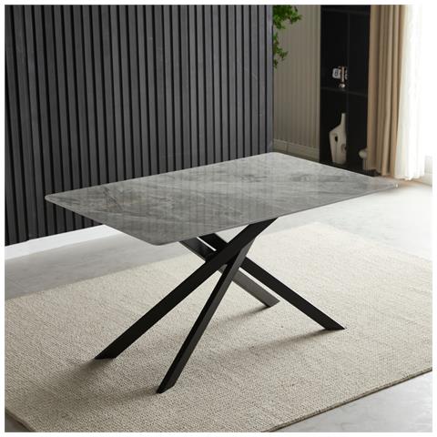 Tavolo Pacific Con Piano In Ceramica Effetto Marmo Grigio Lucido E Gambe Nere - Foto 1