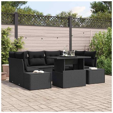 Set da Giardino a 7 Pezzi in Polyrattan Nero con Cuscini - Foto 2