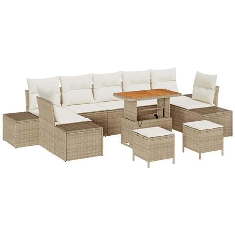 Set Divano da Giardino a 10 Pezzi con Cuscini Beige in Rattan Poliestere, Divano da Giardino per Due Persone con Cuscini Beige in Rattan Poliestere, Set da Pranzo da Giardino a 3 Pezzi con Cuscini Beige in Rattan Poliestere - Foto 1