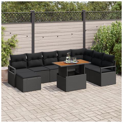 Set divani giardino 9 pezzi con cuscini Polyrattan nero Acacia, Divano giardino 2 posti con cuscini Polyrattan nero - Foto 2
