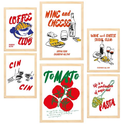 Set Di 6 Stampe Illustrazioni Decorative Di Cibo E Piatti In Stile Pop Art Con Cornice A3 & A4 Telaio In Legno Chiaro - Foto 1