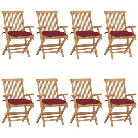 Sedie da Giardino con Cuscini Rosso Vino 8 pz Massello di Teak - Foto 1