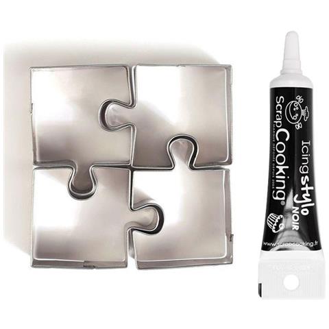 4 Mini Tagliabiscotti In Acciaio Inox Puzzle + Penna Per Glassa Nera - Foto 1