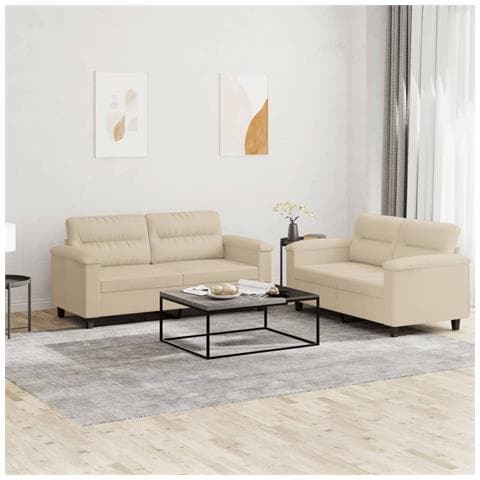 Set Divani 2 Pz Con Cuscini Crema In Tessuto Microfibra - Foto 1