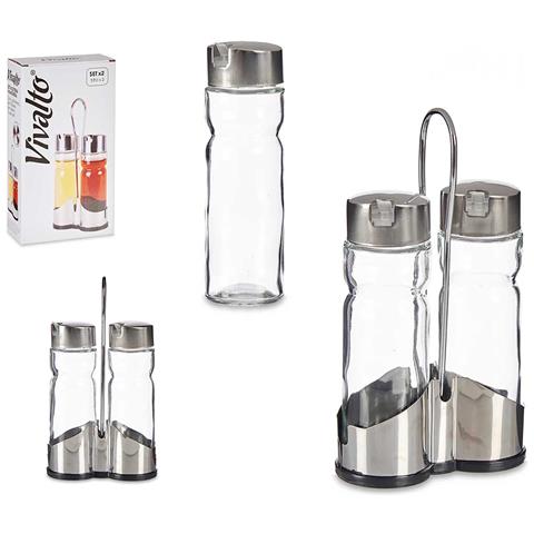Dam Set Contenitore Olio E Contenitore Aceto Con Supporto In Acciaio Inox Gr 5,5x11,5x20,2 Cm. Colore Trasparente - Foto 1