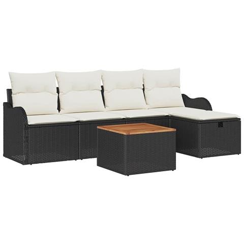 Set di Sofà da Giardino  6 Pezzi con Cuscini Nero Polyrattan, Sofà da Giardino  2 Posti con Cuscini Nero Polyrattan - Foto 1