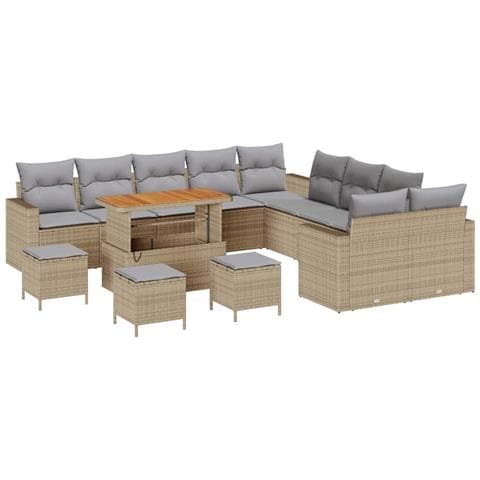 Set Divano da Giardino  14 Pezzi con Cuscini Beige Poli Rattan Acacia, Set da Pranzo da Giardino  4 Pezzi con Cuscini Beige Poli Rattan Acacia - Foto 1